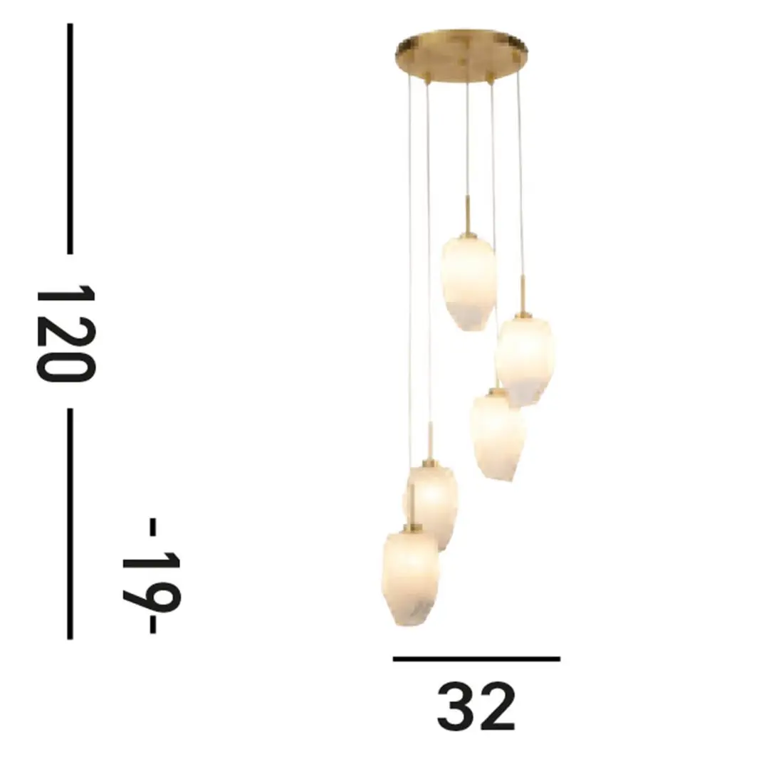 Searchlight Pendelleuchte Rocky, 5-fl., rund, messingfarben, Stahl, Glas