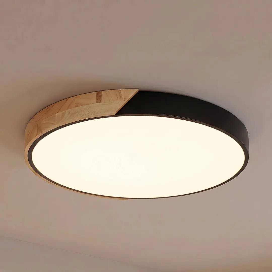 Prios LED-Deckenleuchte Lynorri, Ø 52 cm, schwarz, Holzdekor