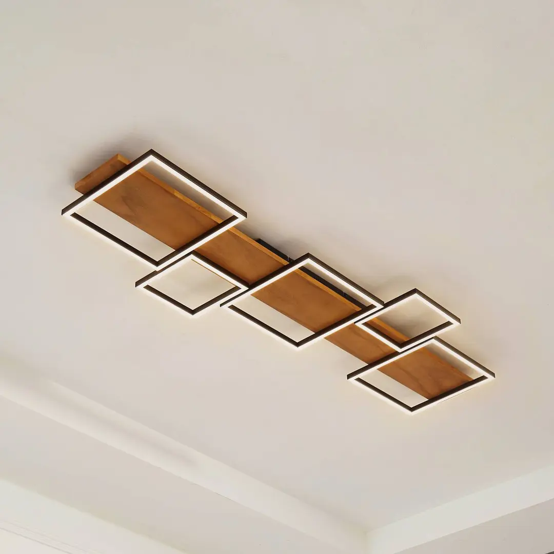 Lindby LED-Deckenlampe Galad, schwarz, Holz, 5-flg., 140 cm
