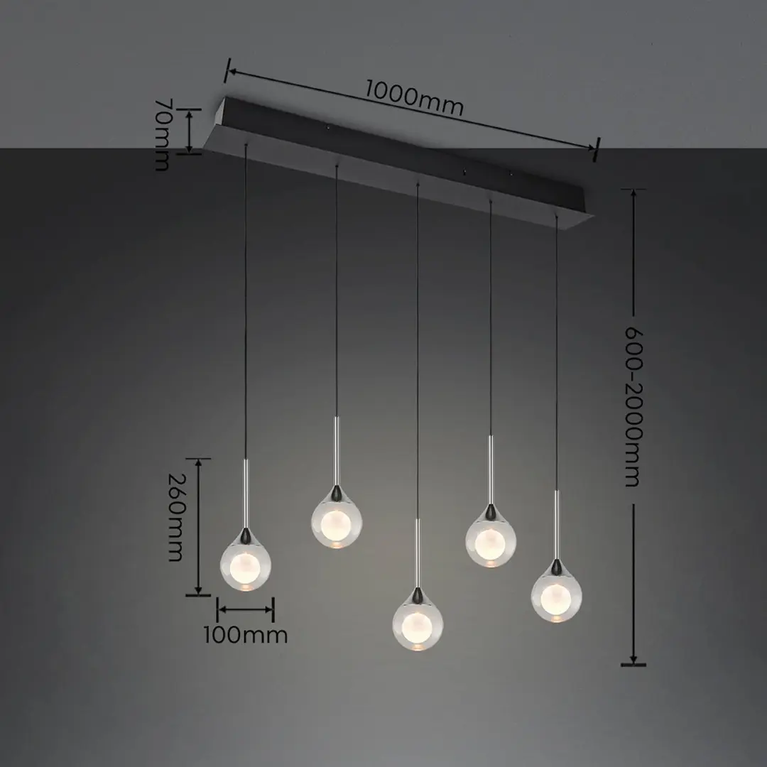 Trio Lighting LED-Pendellampe Calista, chrom Länge 100 cm Metall/Glas 5fl