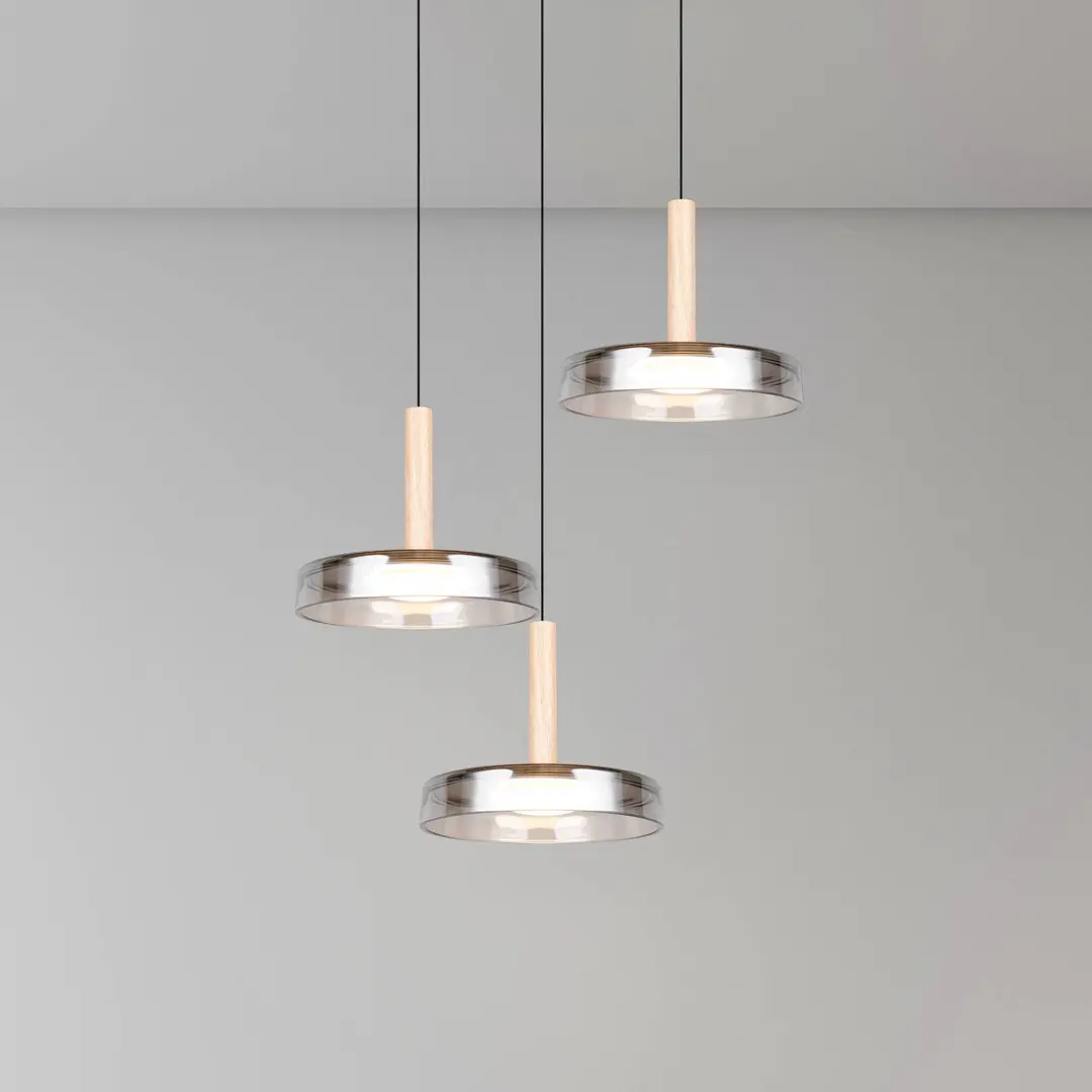 Trio Lighting LED-Hängelampe Celeste, chrom/holz, Ø 35 cm 3-flg. Glas dim