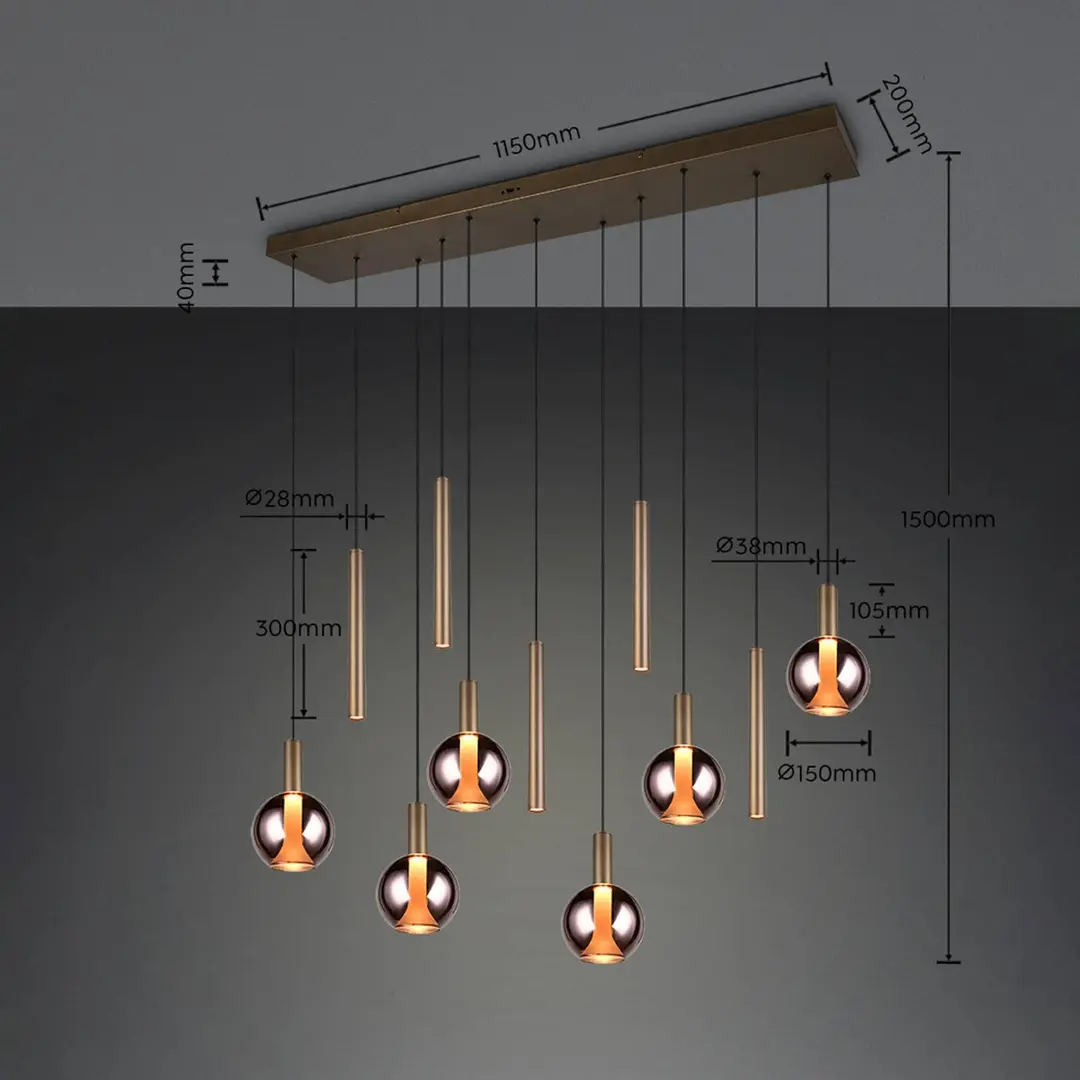 Trio Lighting LED-Hängelampe Melaro, 120 cm platin, Metall/Glas 11-flg.