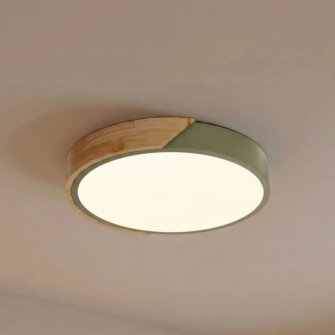 Prios LED-Deckenleuchte Lynorri, Ø 32 cm, grün, Holzdekor