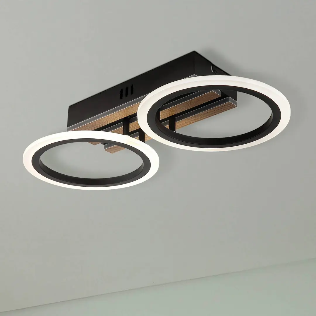 Globo LED-Deckenlampe Blevins 2-flg. schwarz/holzoptik, Länge 46cm