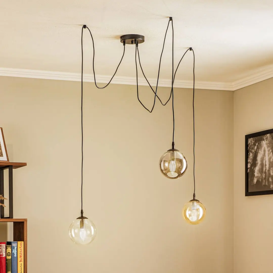 EMIBIG LIGHTING Hängeleuchte Glassy, 3-flg., dezentral, grafit/amber/klar