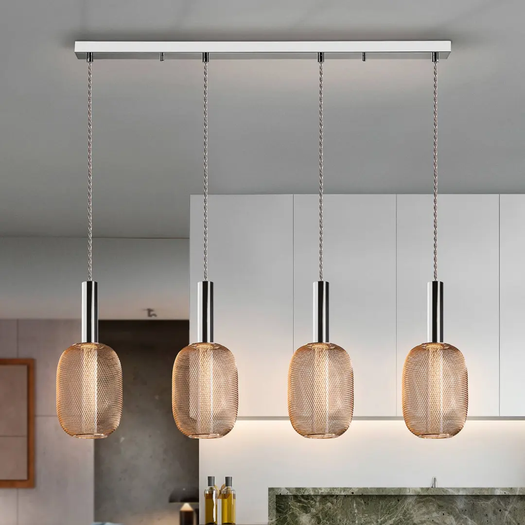 Schuller Valencia LED-Hängeleuchte Micron, Balken, vierflammig, chrom, gold