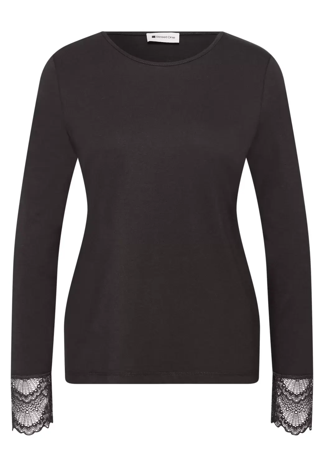 Street One EOS_Shirt w. lace at sleeves, black coffee