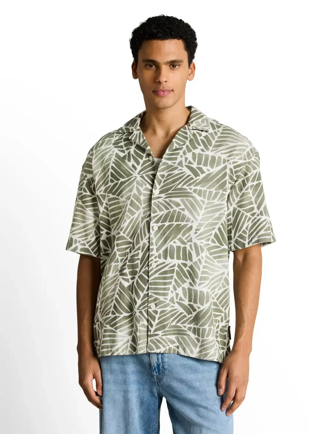 Tom Tailor loose viscose cotton resort sh, green abstract leaf print