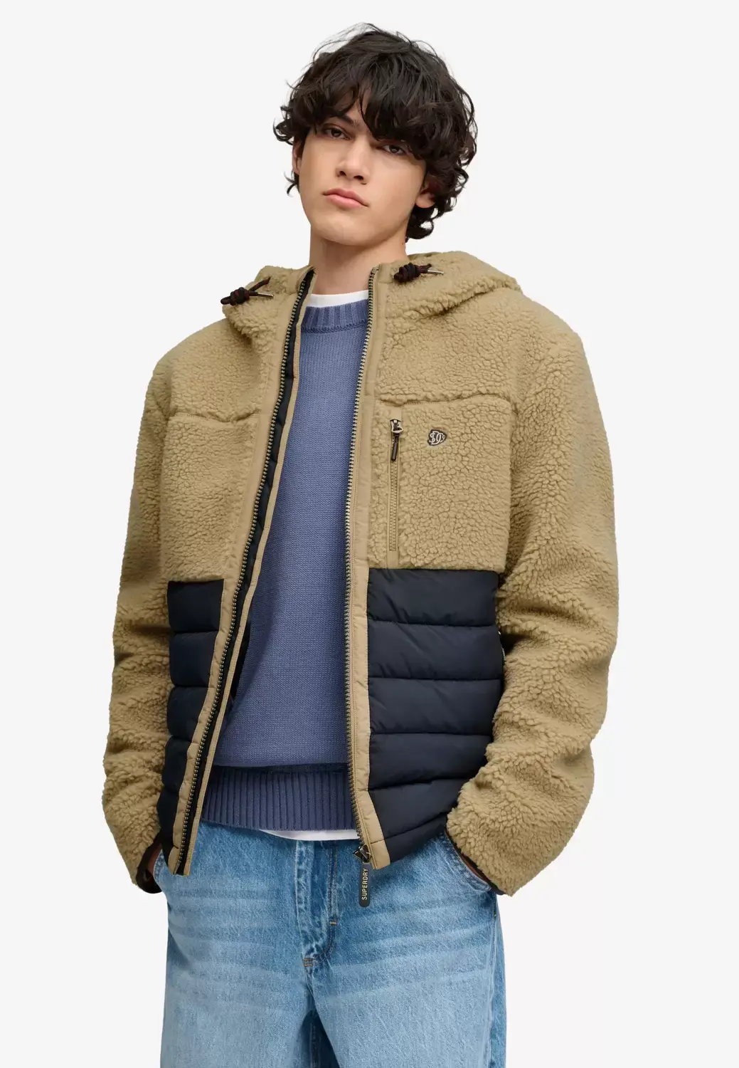 Super Dry HOOD OUTDOOR BORG QUILT HYBRID, White Pepper Marl/Eclipse Navy