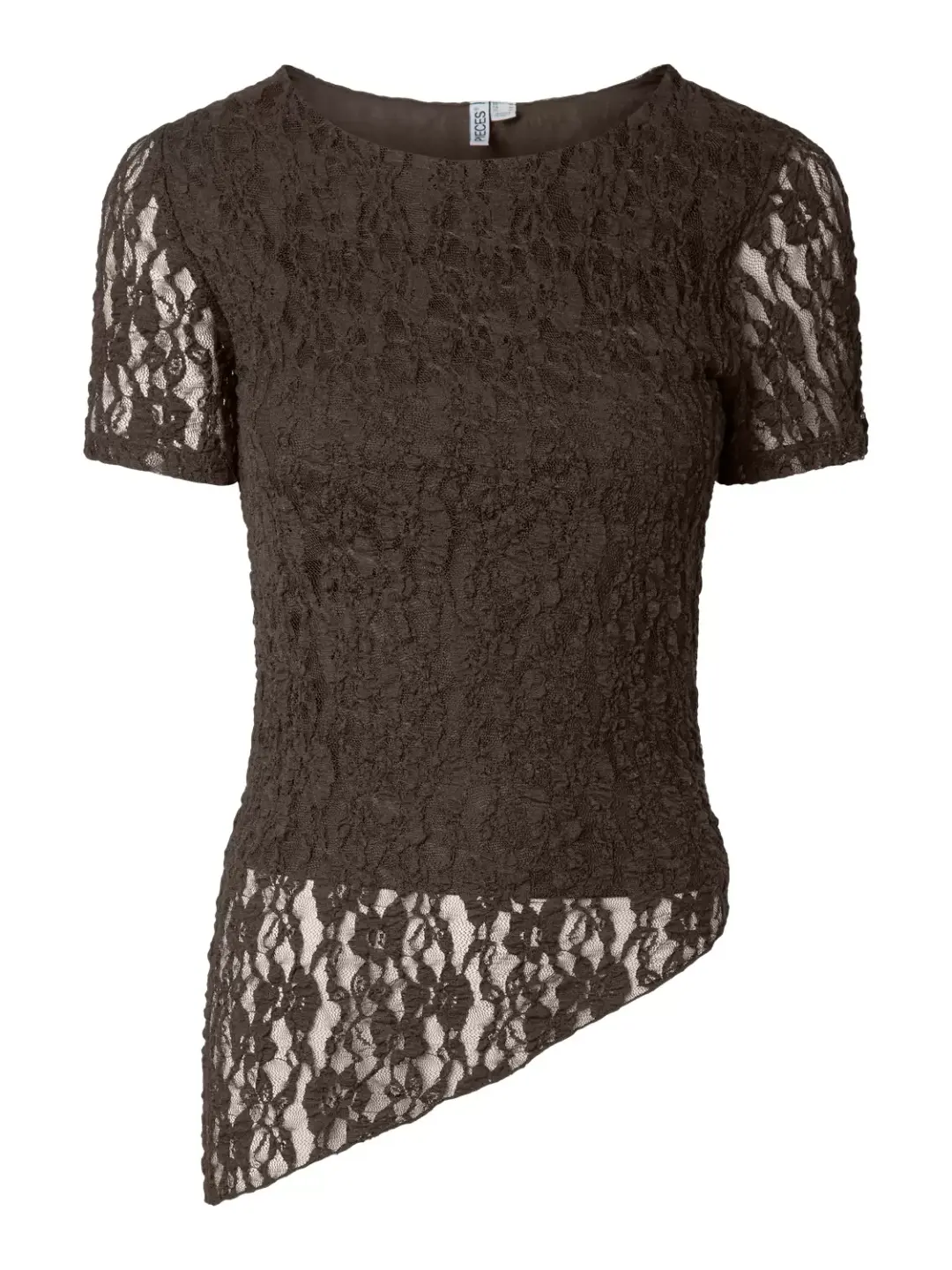 Pieces PCARIANA SS ASYMMETRIC LACE TOP D2D, Hot Fudge
