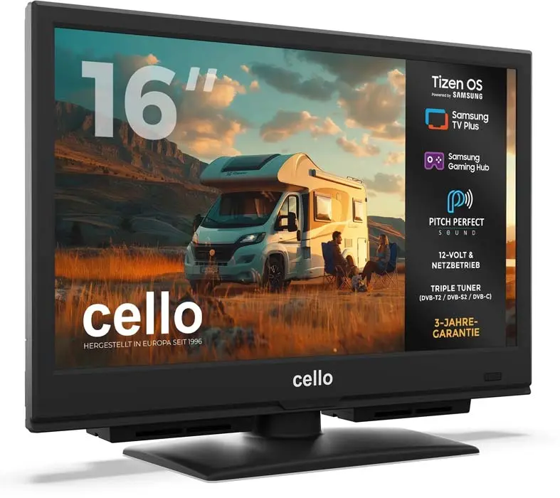 Cello CTrav Smart Tizen OS Camping LED TV mit Pitch Perfect Sound System, Triple Tuner, WLAN, Bluetooth, 12/24/230 V, 16 Zoll
