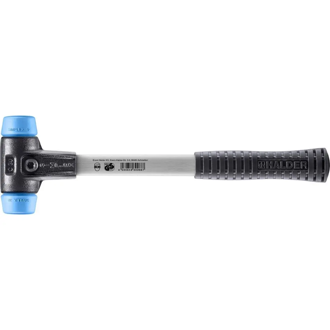HALDER SIMPLEX Schonhammer Ø 30 mm TPE-soft blau mit verstärkem Tempergussgehäuse und Fiberglasstiel
