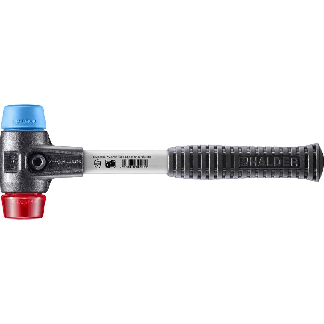 HALDER SIMPLEX Schonhammer Ø 40 mm TPE-soft blau / Plastik rot mit verstärktem Tempergussgehäuse und Fiberglasstiel