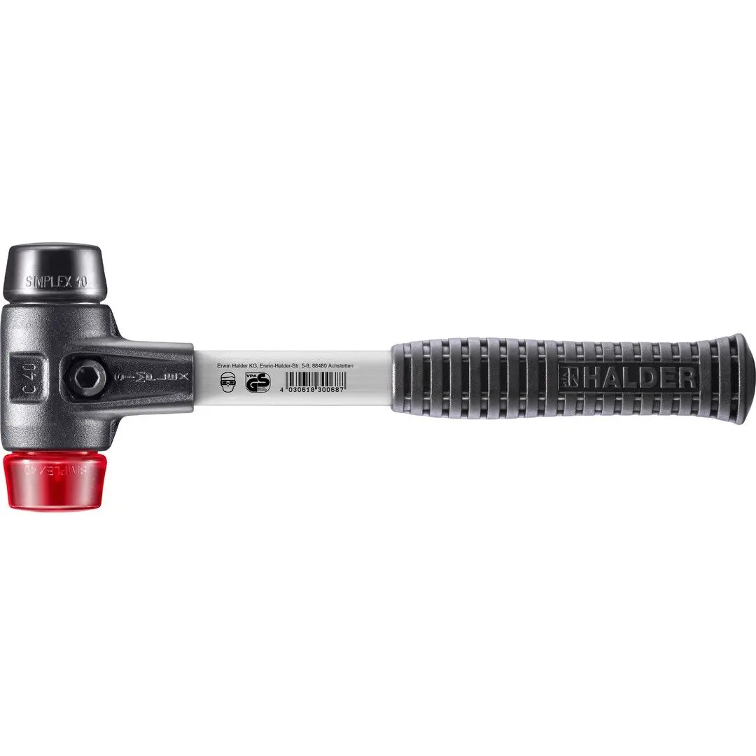 HALDER SIMPLEX Schonhammer Ø 40 mm Gummi schwarz / Plastik rot mit verstärktem Tempergussgehäuse und Fiberglasstiel