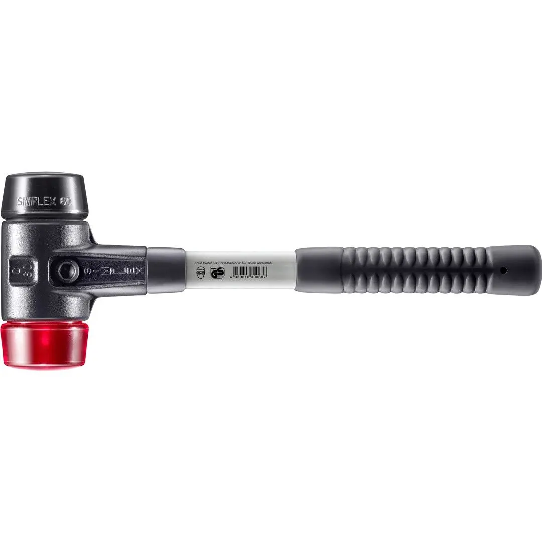 HALDER SIMPLEX Schonhammer Ø 60 mm Gummi schwarz / Plastik rot mit verstärktem Tempergussgehäuse und Fiberglasstiel