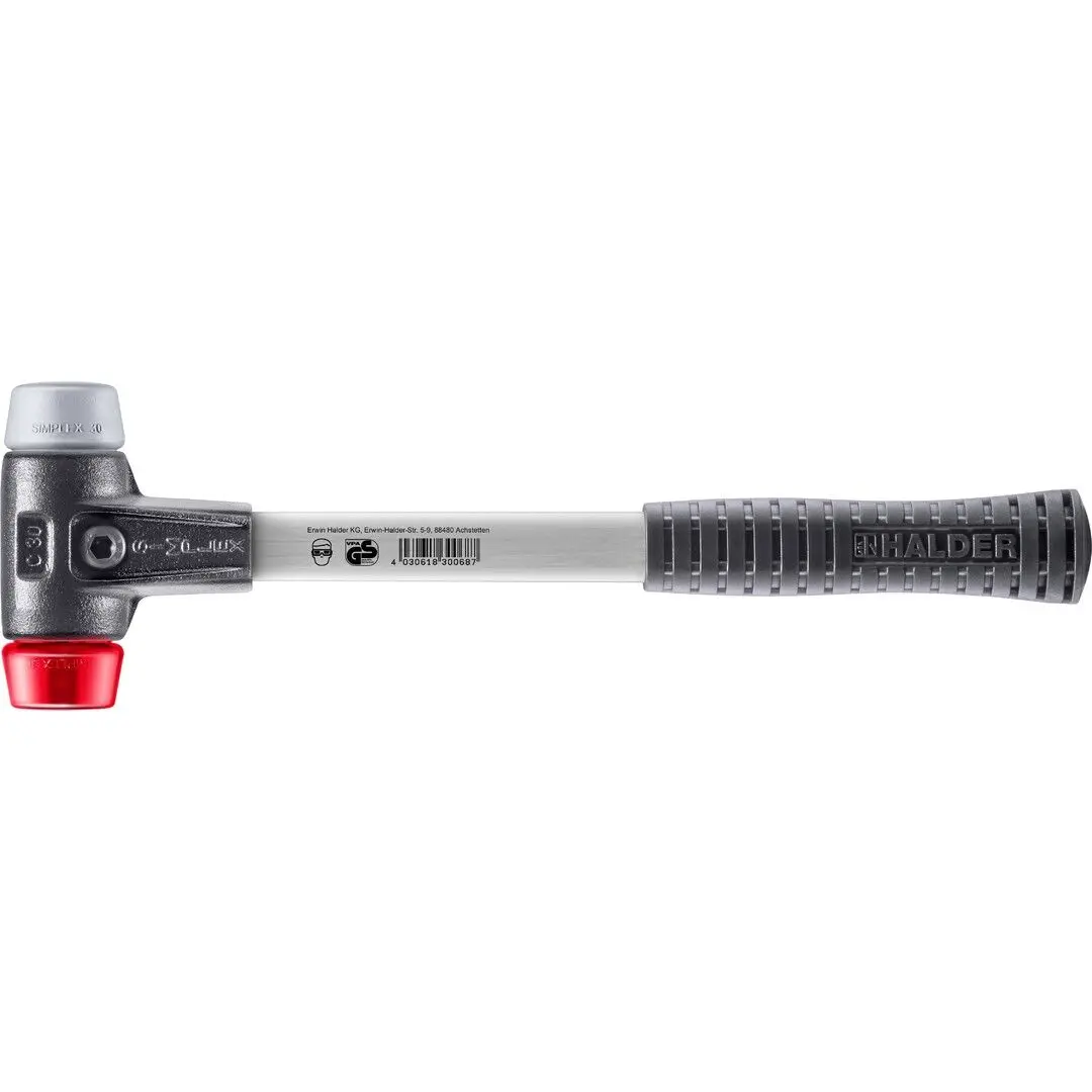 HALDER SIMPLEX Schonhammer Ø 30 mm TPE-mid grau / Plastik rot mit verstärktem Tempergussgehäuse und Fiberglasstiel