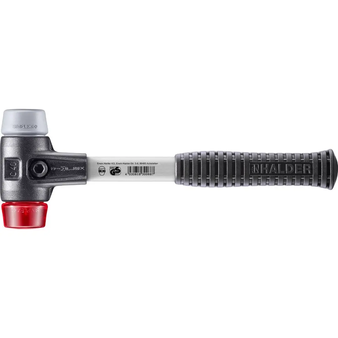 HALDER SIMPLEX Schonhammer Ø 40 mm TPE-mid grau / Plastik rot mit verstärktem Tempergussgehäuse und Fiberglasstiel
