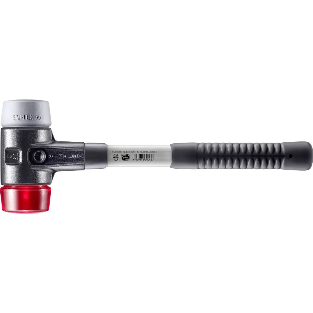 HALDER SIMPLEX Schonhammer Ø 60 mm TPE-mid grau / Plastik rot mit verstärktem Tempergussgehäuse und Fiberglasstiel