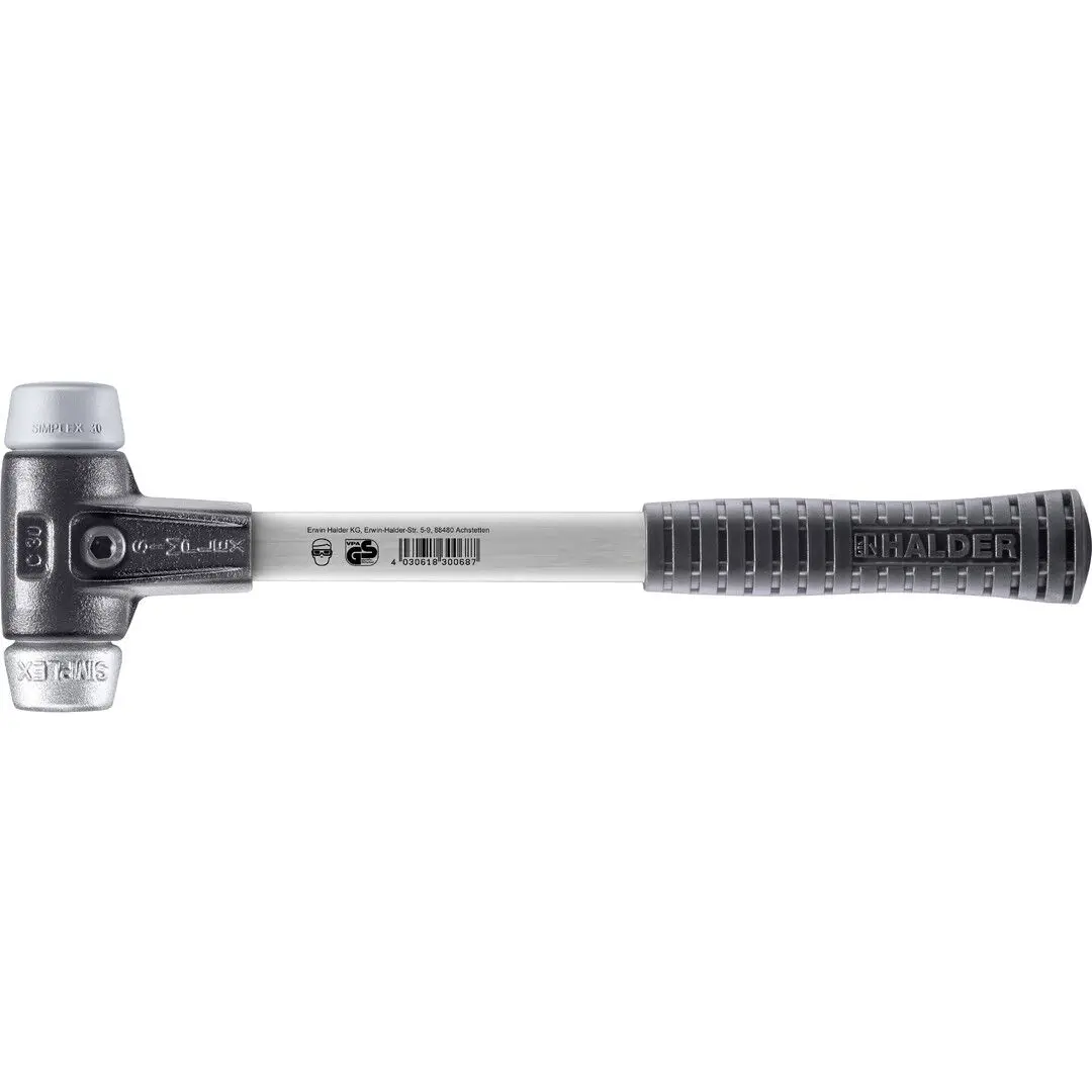 HALDER SIMPLEX Schonhammer Ø 30 mm TPE-mid grau / Weichmetall mit verstärktem Tempergussgehäuse und Fiberglasstiel
