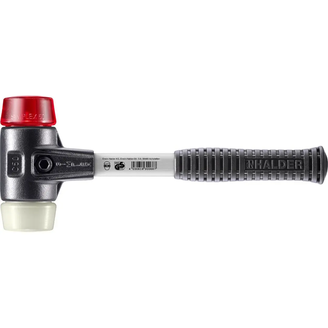 HALDER SIMPLEX Schonhammer Ø 50 mm Plastik rot / Nylon mit verstärktem Tempergussgehäuse und Fiberglasstiel