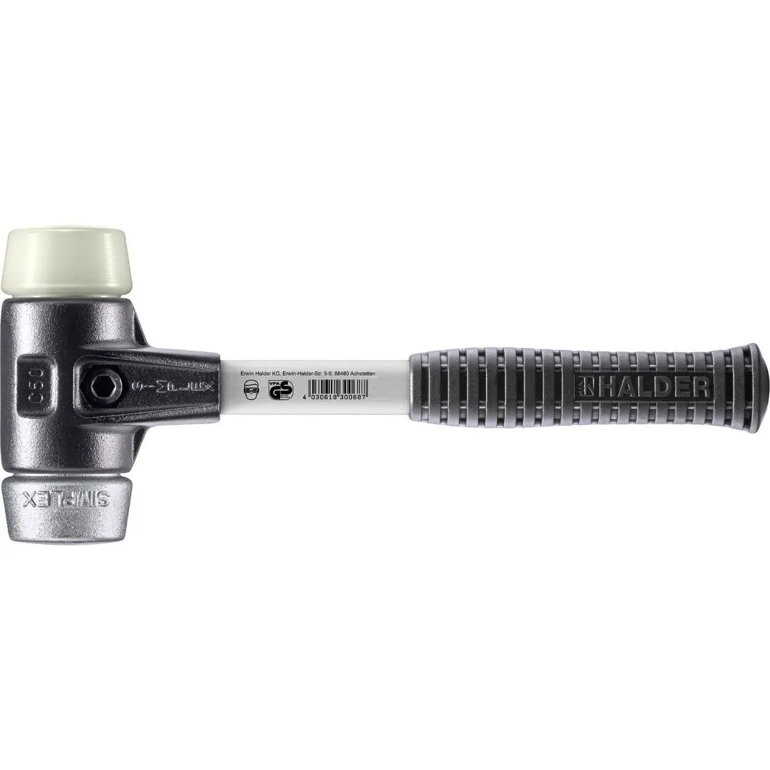 HALDER SIMPLEX Schonhammer Ø 50 mm Nylon / Weichmetall mit verstärktem Tempergussgehäuse und Fiberglasstiel