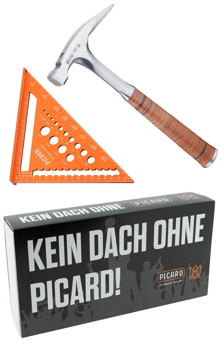 DACHKRONE Set 3 – PICARD Ganzstahl-Latthammer Nr. 790 1/2 & Zimmermannswinkel 180 mm mit Bohrlehre